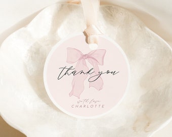 Pink Bow Favor Tag - Bearbeitbare Vorlage - Sofort Download