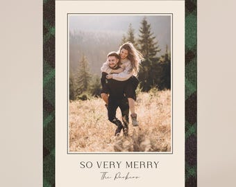 Plaid holiday family photo card template, Christmas Card, hunter green, forest green