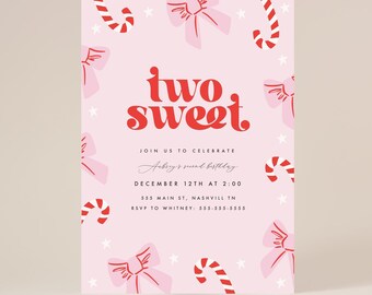 Two Sweet Christmas Themed Birthday Party Invitation Template With Candy Canes and Bows