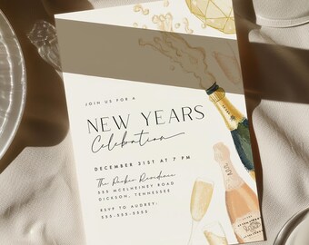 Editable New Years Eve Party Invitation Template with Champagne