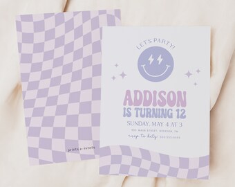 Smiley Face Invitation - preppy - checker - Purple - Corjl - Template - Instant Download