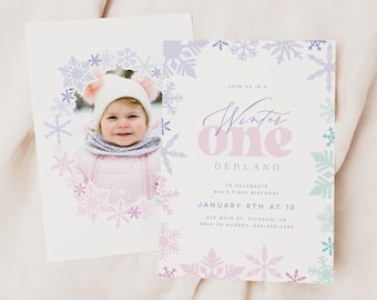 Editable Winter Wonderland First Birthday Party Invitation Template with snowflakes