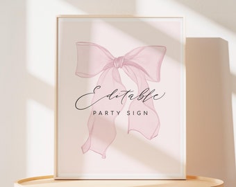 Peut inclure: Une affiche de fête imprimable avec une illustration de nœud rose et le texte "Editable Party Sign".