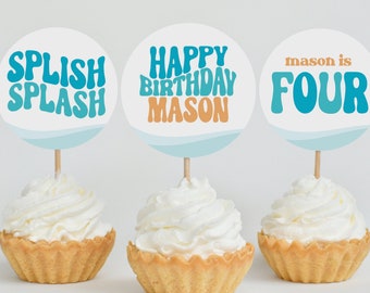 Splash Pad Party Cupcake Toppers - Template - Instant Download - pool party - retro wavy