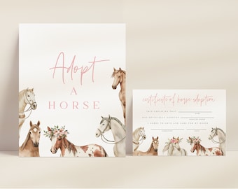 May include: Adopt a Horse sign with watercolor illustrations of horses. The sign is white with pink text. A certificate of horse adoption is also included with space for the horse's name, adopter's name, and signature.