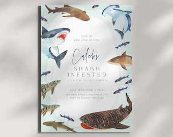 Editable Shark Birthday Party Invitation - Shark Infested - jawsome - Template - First Birthday