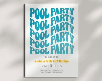 May include: Pool party invitation with a blue and white color scheme. The text "POOL PARTY" is repeated six times in a retro font. The invitation is for Sam's 8th birthday party. The party is on July 8th from 2-3 PM at 555 Main Street, Nashville, TN. RSVP to Audrey at 555-555-5555.