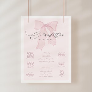 Cartel de estadísticas de cumpleaños de Pink Bow - Plantilla editable - Descarga instantánea