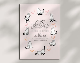 May include: A pink party invitation with a Halloween theme. The invitation features a ring of cartoon cats in ghost costumes, bats, and stars. Text reads "Let's Pawty" for Aubrey's 3rd birthday, with the date October 18th at 4 PM.