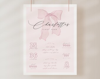 Può includere: Un grafico di primo compleanno stampabile rosa e bianco con un grande fiocco rosa in cima. Il grafico include il nome del bambino, "Charlotte's First Year", e dettagli sul primo anno del bambino, tra cui peso, altezza, prima parola, cibo preferito e giocattolo preferito.
