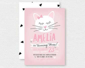 Kitty Cat Birthday Invitation - First Birthday Invitation, Kitten, Girl Birthday Invitation