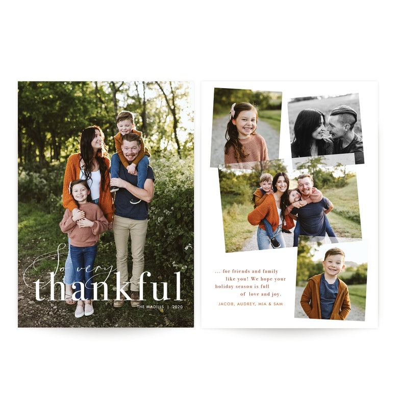 Puede incluir: Una tarjeta navide&ntilde;a con un retrato familiar y fotos adicionales. La imagen principal muestra a una familia de cinco en un entorno natural. El texto dice "so very thankful" y "THE MADILIS | 2020".