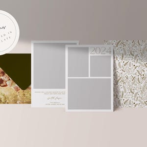 May include: A white card with a photo collage template for 2024. The template has four photo spaces, with the top space labeled "2024". The card is surrounded by a brown envelope and a white card with a floral pattern.