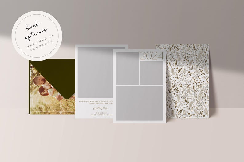 May include: A white card with a photo collage template for 2024. The template has four photo spaces, with the top space labeled "2024". The card is surrounded by a brown envelope and a white card with a floral pattern.
