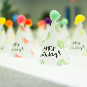 Printable Party Hats - Tutti Frutti Birthday Party - watermelon, pineapple, lime, strawberry, orange, grape