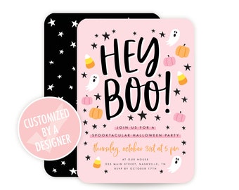 May include: Pink Halloween party invitation with the text "Hey Boo!" in black. The invitation has a black and white star pattern background and features a ghost, pumpkins, and candy corn.