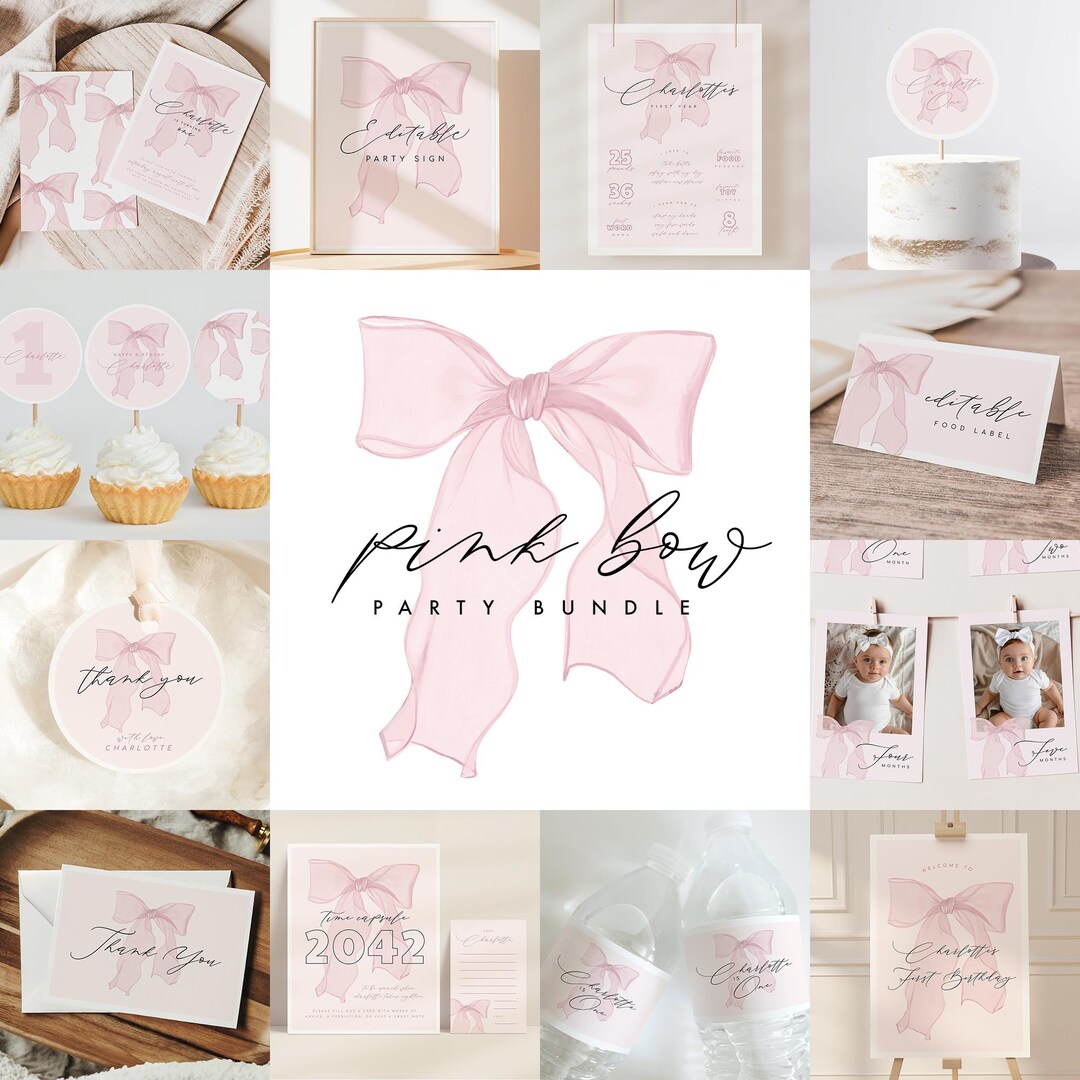 Pink Bow First Birthday Bundle - Editable Template - Instant Download ...