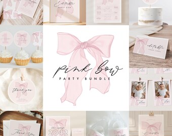 Paquete de primer cumpleaños de Pink Bow - Plantilla editable - Descarga instantánea - Paquete de fiesta