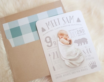 Printable Birth Announcement - typography - woodland bear