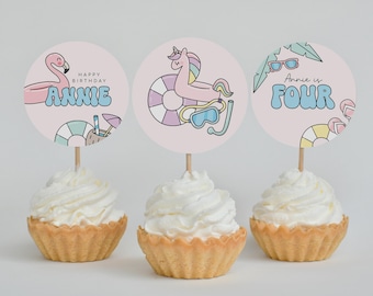 Pool Party Birthday Cupcake Toppers - Editable Template - Instant Download