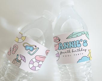 Pool Party Birthday Water Bottle Label - Editable Template - Instant Download