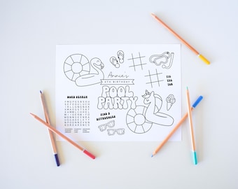 Pool Party Birthday Activity Sheet - Editable Template - Instant Download