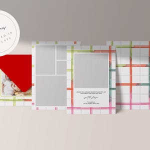 May include: Holiday card templates with a white background and a colorful plaid pattern in red, green, pink, and yellow. The cards have space for photos and text. One card has a red envelope and a circular label that says "back options included in template."