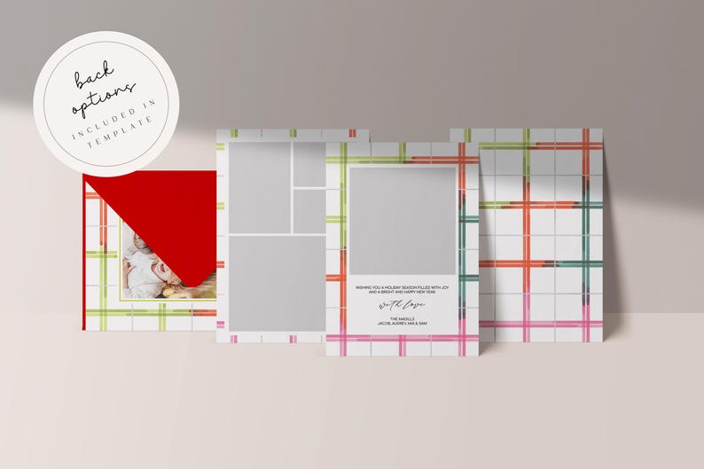 May include: Holiday card templates with a white background and a colorful plaid pattern in red, green, pink, and yellow. The cards have space for photos and text. One card has a red envelope and a circular label that says "back options included in template."