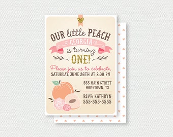 Our Little Peach Birthday Invitation - First Birthday Invitation, Peach, Girl Birthday Invitation