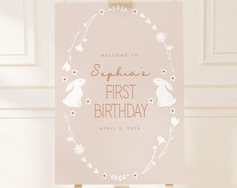 Some Bunny First Birthday Welcome Sign Template - Boho - Neutral