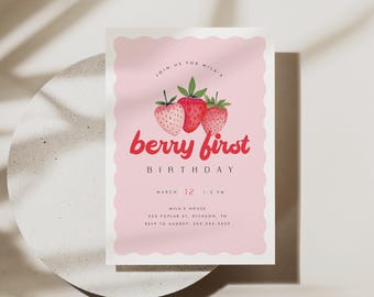 Berry First Birthday Strawberry Party Invitation Template