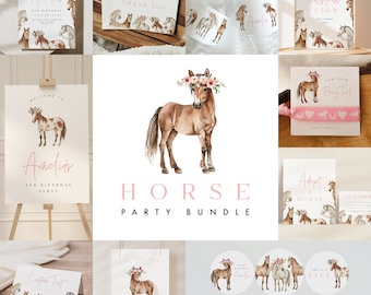 May include: A horse party bundle with a watercolor illustration of a brown horse with a pink flower crown. The bundle includes printable items such as welcome signs, cupcake toppers, thank you cards, and more. The text "HORSE PARTY BUNDLE" is written in pink letters.