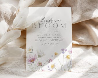 Baby in Bloom Baby Shower Invitation Template with watercolor spring wildflowers
