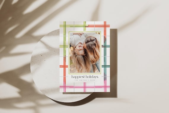 Bright Plaid holiday family photo card template, Christmas Card, Merry and Bright