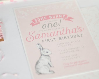 Some Bunny's Turning One Birthday Invitation - First Birthday Invitation, Girl Birthday Invitation