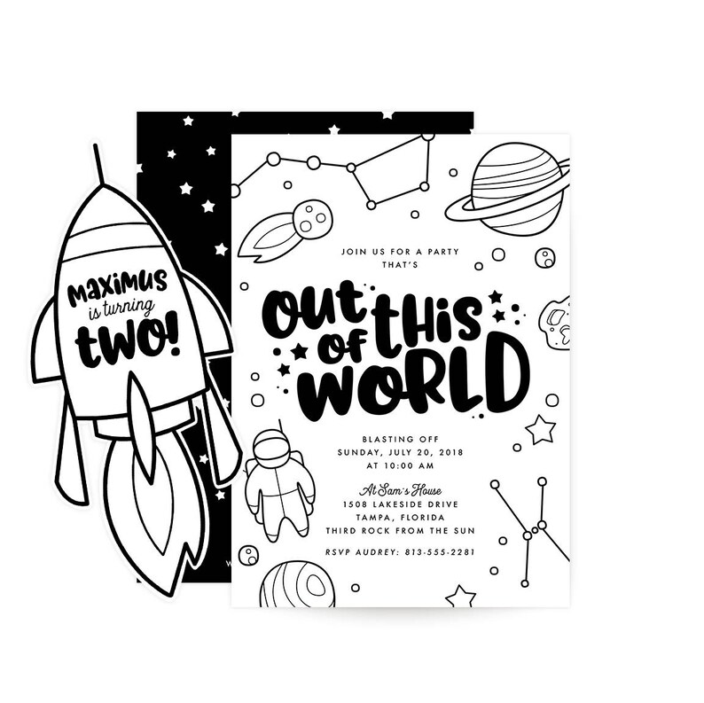 May include: Black and white printable invitation for a birthday party with a space theme. The invitation features a rocket ship, planets, stars, and the text "Out of this World".