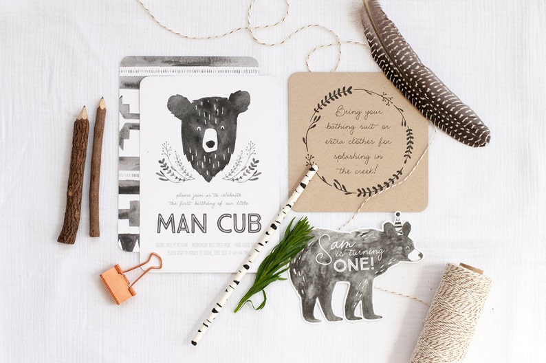 Printable Man Cub Birthday Invitation Suite Bear Invitation image 2
