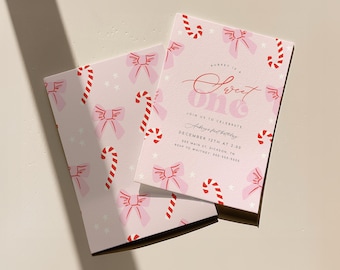 Sweet One Christmas Themed First Birthday Party Invitation Template With Candy Canes and Bows