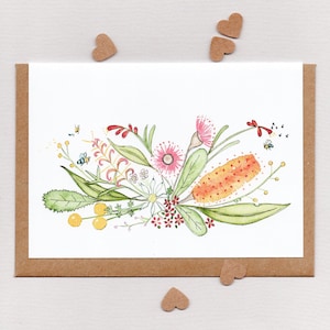 LUGAR FELIZ . Flores e abelhas nativas australianas. cartão de arte em branco. casamento noivado aniversário aniversário Natal obrigado