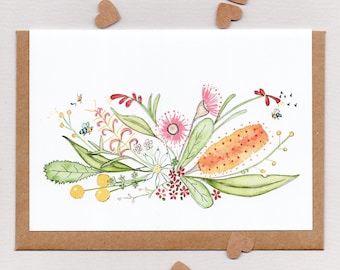 LUGAR FELIZ. Flores y abejas nativas australianas. Tarjeta artística en blanco. Boda, compromiso, aniversario, cumpleaños, Navidad, agradecimiento.
