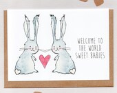 WELCOME to the WORLD SWeET BABIES . greeting card . twin twins . baby shower . nursery . new baby . bunny rabbit . birthday . australia