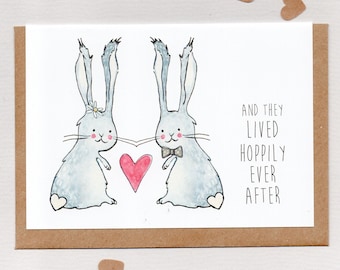 HOPPILY EVER AFTER . greeting card . love bunny . wedding engagement anniversary valentines birthday . wife husband spouse .