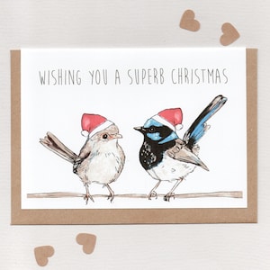 Os deseo una EXCELENTE NAVIDAD. tarjeta de felicitación . magnífico reyezuelo de hadas. tarjeta de navidad ecológica. observador de aves twitcher pájaro nerd observador de aves. Australia
