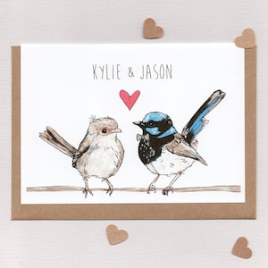 Carte de mariage personnalisée SUPERBE FAIRY WREN. Anniversaire de fiançailles. noms de couples. Amoureux des oiseaux birder twitcher oiseau nerd. Australie