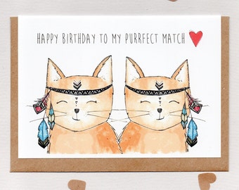 HAPPY BiRTHDAY to my PURRFECT MATCH . greeting card . spouse birthday card . wife . husband . unisex adult birthday . cute cats . australia