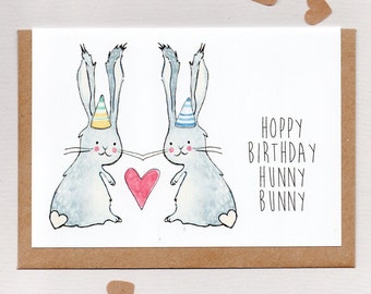 HOPPY BIRTHDAY HuNNY BUNNY . greeting card . wife husband spouse girlfriend boyfriend . wedding engagement anniversary valentines . rabbit