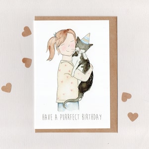 HAVE a PURRFECT BIRTHDAY . card . girl with black and white cat . cat lover card . girls birthday card . australia