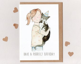 HAVE a PURRFECT BIRTHDAY . card . girl with black and white cat . cat lover card . girls birthday card . australia