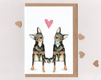 KELPIES ENAMORADOS . tarjeta de felicitación . Kelpie australiano. San Valentín, aniversario de compromiso de boda. perro de trabajo. Australia. reunir perros