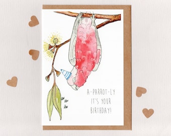 A-PARROT-LY it's your BIRTHDAY . Australian Galah & Sugar Bag Bees . happy birthday card . stingless bee . eucalyptus . Australian art